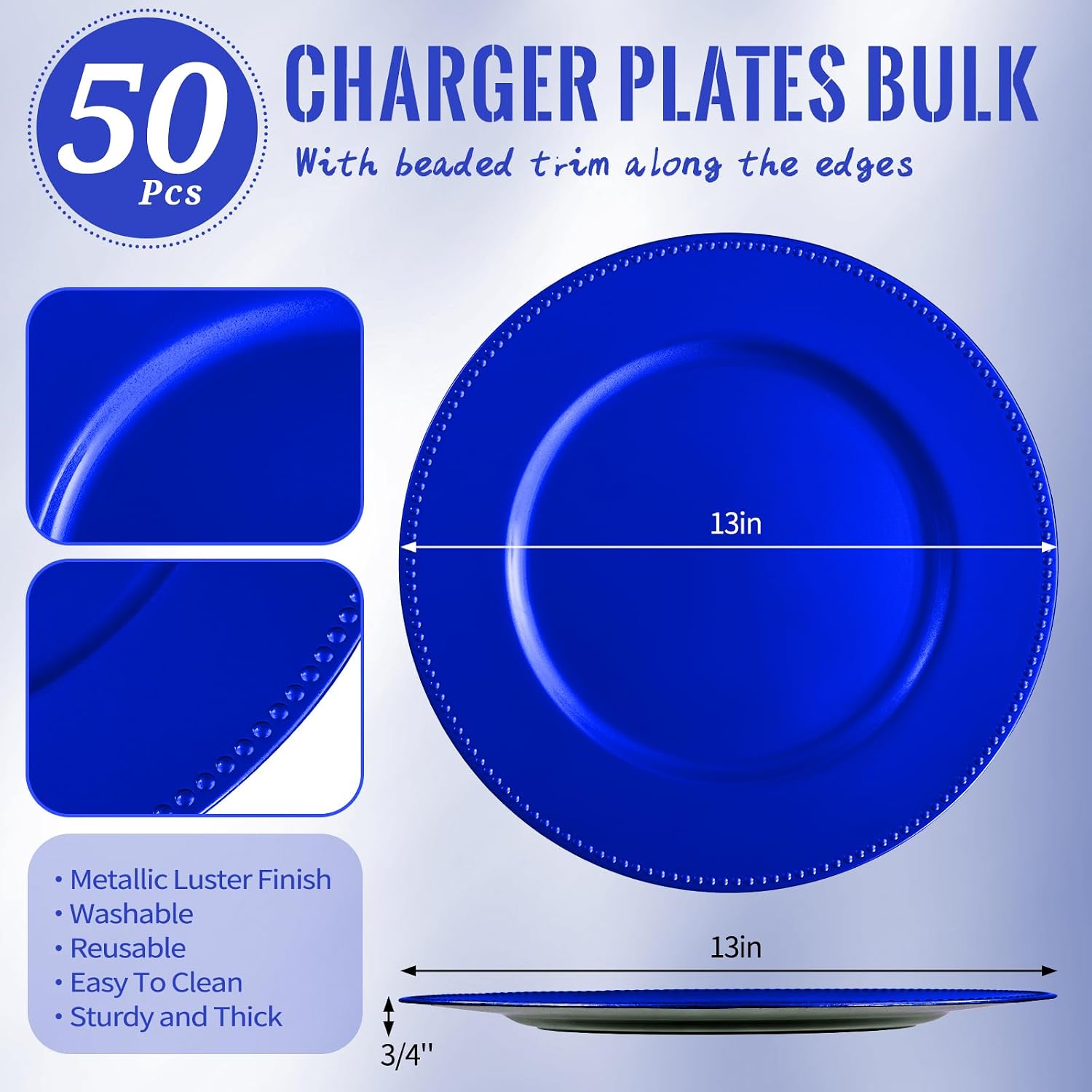 Royal Blue Charger Plates 13 Round Charger Plates Bulk Beaded Chargers for Dinner Plates Decorative Blue Charger Plastic Charger Plates for Wedding Party Event Bridal Shower Table Decoration